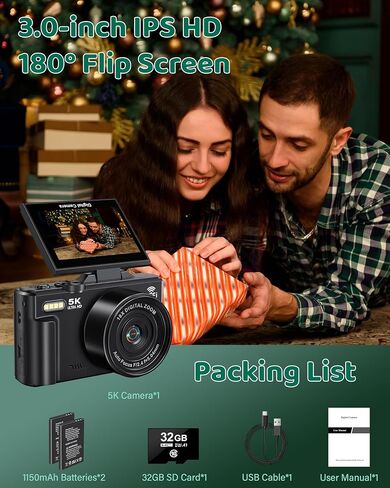 Digital Camera - 5K WiFi Digital Cameras for Photography - 75MP UHD Autofocus Vlogging Camera for YouTube - Compact Video Cameras Travel Camara with 3" 180° Flip Screen, 18X Zoom, 32GB Card, Batteries in Kuwait