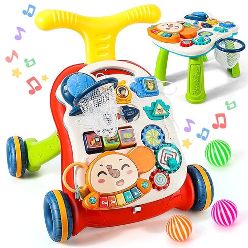 TOY Life 3-in-1 Baby Push Walker & Activity Center, 12+ Months, Pink | detachable music panel, adjustable handle and wheel speed, weighted water base in Kuwait