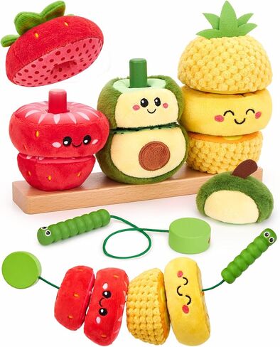 hahaland Montessori Toys for 1 Year Old Girl Boy, Stacking Rings Baby Toy | Soft Sorting & Stacking Toy Fruits with Wooden Stacker, Threading Set for Toddlers 1-3 Developmental 1st Birthday Girl Gifts in Kuwait