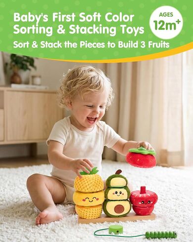 hahaland Montessori Toys for 1 Year Old Girl Boy, Stacking Rings Baby Toy | Soft Sorting & Stacking Toy Fruits with Wooden Stacker, Threading Set for Toddlers 1-3 Developmental 1st Birthday Girl Gifts in Kuwait
