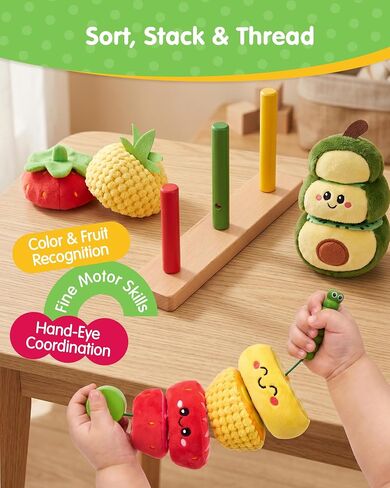 hahaland Montessori Toys for 1 Year Old Girl Boy, Stacking Rings Baby Toy | Soft Sorting & Stacking Toy Fruits with Wooden Stacker, Threading Set for Toddlers 1-3 Developmental 1st Birthday Girl Gifts in Kuwait