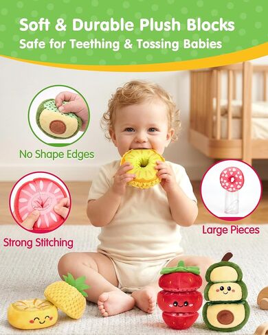 hahaland Montessori Toys for 1 Year Old Girl Boy, Stacking Rings Baby Toy | Soft Sorting & Stacking Toy Fruits with Wooden Stacker, Threading Set for Toddlers 1-3 Developmental 1st Birthday Girl Gifts in Kuwait