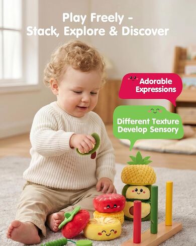hahaland Montessori Toys for 1 Year Old Girl Boy, Stacking Rings Baby Toy | Soft Sorting & Stacking Toy Fruits with Wooden Stacker, Threading Set for Toddlers 1-3 Developmental 1st Birthday Girl Gifts in Kuwait