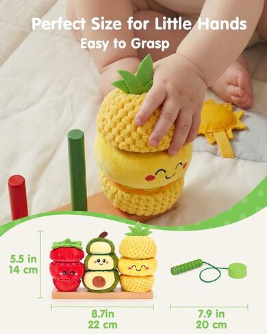 hahaland Montessori Toys for 1 Year Old Girl Boy, Stacking Rings Baby Toy | Soft Sorting & Stacking Toy Fruits with Wooden Stacker, Threading Set for Toddlers 1-3 Developmental 1st Birthday Girl Gifts in Kuwait