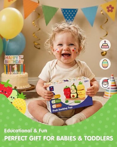 hahaland Montessori Toys for 1 Year Old Girl Boy, Stacking Rings Baby Toy | Soft Sorting & Stacking Toy Fruits with Wooden Stacker, Threading Set for Toddlers 1-3 Developmental 1st Birthday Girl Gifts in Kuwait