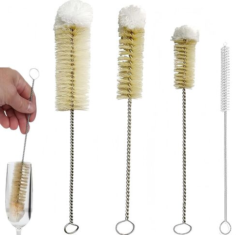 Narrow Bottle Brush Set Small Bottle Brushes Thin Long Handle Bottle Brush | 4 Pack with Natural Boar Bristle & Soft Cotton Tip, 304 Stainless Steel Handle,for Water Bottles, Test Tubes, Straws in Kuwait