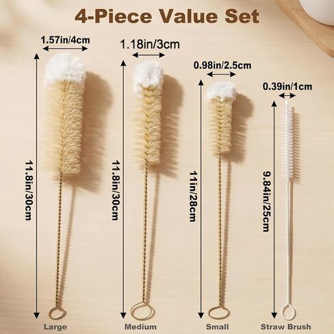 Narrow Bottle Brush Set Small Bottle Brushes Thin Long Handle Bottle Brush | 4 Pack with Natural Boar Bristle & Soft Cotton Tip, 304 Stainless Steel Handle,for Water Bottles, Test Tubes, Straws in Kuwait