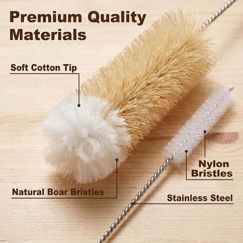 Narrow Bottle Brush Set Small Bottle Brushes Thin Long Handle Bottle Brush | 4 Pack with Natural Boar Bristle & Soft Cotton Tip, 304 Stainless Steel Handle,for Water Bottles, Test Tubes, Straws in Kuwait
