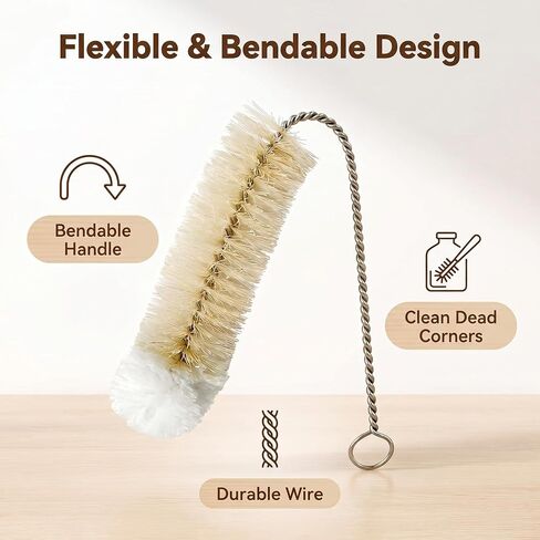 Narrow Bottle Brush Set Small Bottle Brushes Thin Long Handle Bottle Brush | 4 Pack with Natural Boar Bristle & Soft Cotton Tip, 304 Stainless Steel Handle,for Water Bottles, Test Tubes, Straws in Kuwait