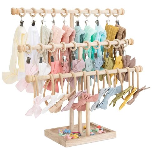 POVETIRE Headband Holder Bow Organizer for Girls, 3 Tier Wood | Hair Accessories Storage Stand,Easy to Access and Display,Space-Saving ,Large storage capacity,Nursery Baby Room Decor in Kuwait