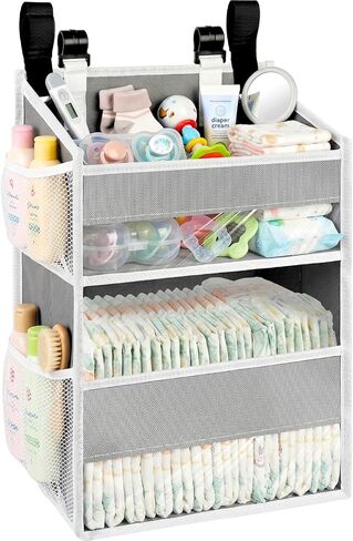 Hanging Diaper Organizer, 2 Tier Hanging Diaper Caddy, Holds 90+ Diapers | Durable Diaper Organizer for Changing Table,Cribs,Car,Playard or Wall & Nursery Organization, 4 Mesh Pockets, Won't Deform in Kuwait