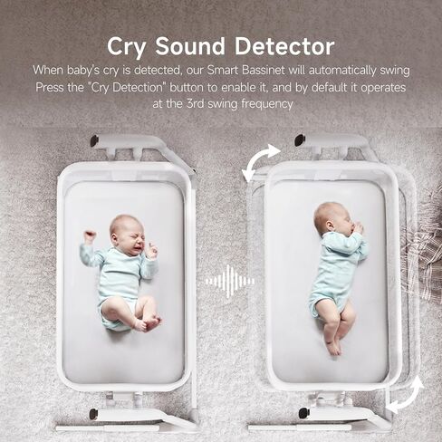 Maydolly Baby Bassinet, Smart Crib, Automatic Cry Detection and Response, Rocking Bassinet for Baby, 7 Height Adjustable with Mattress for Newborns (White) | Cry Detection in Kuwait
