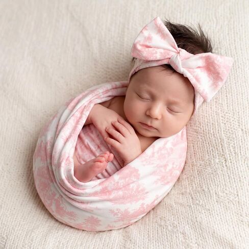 Cuffbow Baby Newborn Girl Receiving Blanket with Bow Headband Pink Toile De Jouy Swaddle Blanket for Girls Cute Baby Blankets Soft Nursery Swaddle in Kuwait