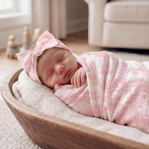 Cuffbow Baby Newborn Girl Receiving Blanket with Bow Headband Pink Toile De Jouy Swaddle Blanket for Girls Cute Baby Blankets Soft Nursery Swaddle in Kuwait