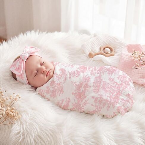Cuffbow Baby Newborn Girl Receiving Blanket with Bow Headband Pink Toile De Jouy Swaddle Blanket for Girls Cute Baby Blankets Soft Nursery Swaddle in Kuwait