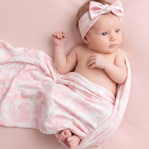Cuffbow Baby Newborn Girl Receiving Blanket with Bow Headband Pink Toile De Jouy Swaddle Blanket for Girls Cute Baby Blankets Soft Nursery Swaddle in Kuwait