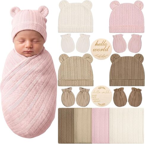 4 Pcs Pink Newborn Baby Swaddles Set with Nursery Receiving Blankets, Beanie Hat, Mittens, Baby Announcement Swaddle Set for girl, Cotton Newborn Babys Swaddle Wrap for Hospital, Photo in Kuwait