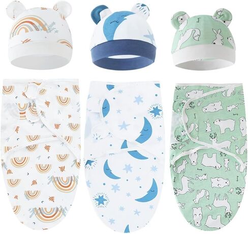 EUBUY 3-Pack Baby Swaddle Sleep Sack with Hat Set for 0-3 months | Ideal for Sleep & Bedding | Made with Soft Cotton | for Girl and Boy Baby & Newborn in Saudi Arabia