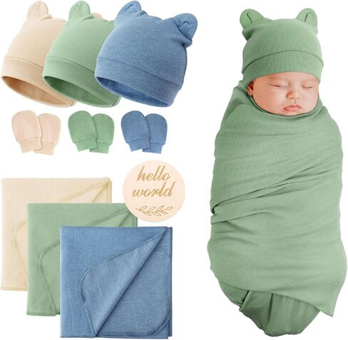 3 Sets Cotton Baby Swaddle Blankets Wrap with Cute Bear Ears Hats Elastic Mittens Wooden Birth Announcement Card Soft Nursery Receiving Swaddles for Newborn Infant Girl Boy 0-3 Months in Kuwait