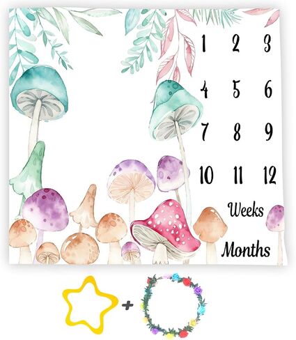 Mushroom Theme Baby Monthly Milestone Blanket, Watercolor, 48x40in | Tropical Eucalyptus Leaf, Soft Flannel, Spring Botanical, Newborn Mom Gifts, Baby Shower, Photography Props Banner in Kuwait