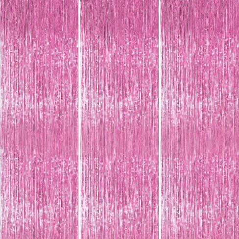 PartyWoo Hot Pink Foil Fringe Curtain 8.2FT 3pcs Red Rose Tinsel Streamers | Hot Pink Streamers Magenta Tinsel Backdrop Curtains for Birthday Barbie Theme Galentines Bachelorette Party Decorations in Kuwait