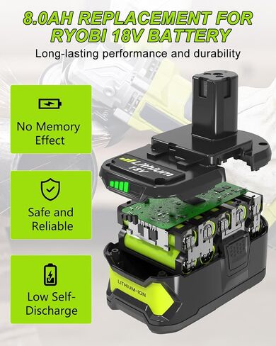 2Pack 18V 8000mAh P108 Replacement for Ryobi 18V Battery and P117 Charger | Compatible with Ryobi 18 Volt Batteries Lithium-i on P102 P103 P104 P105 P107 P190 P109 P190 P191 P122 Cordless Power Tools in Kuwait