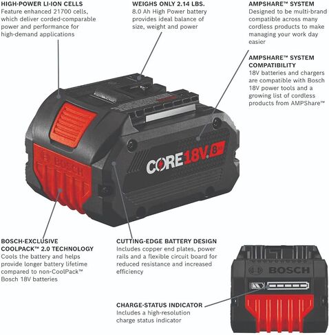 Bosch GBA18V80 18V CORE18V® Lithium-Ion 8 Ah High Power Battery | CoolPack 2.0 cooling, high-output cells, lightweight design in Kuwait