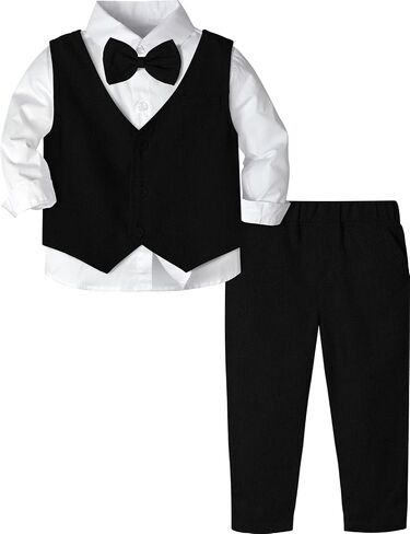 A&J DESIGN Toddler Boy Formal Suit 4pcs Vest, Shirt, Pants, Bow Tie 12M-5T | Complete Matching Set, Removable Bow Tie, Soft Inner Lining, Easy Styling, Skin-friendly, Ideal Gift, Fall Wedding, Easter in Saudi Arabia