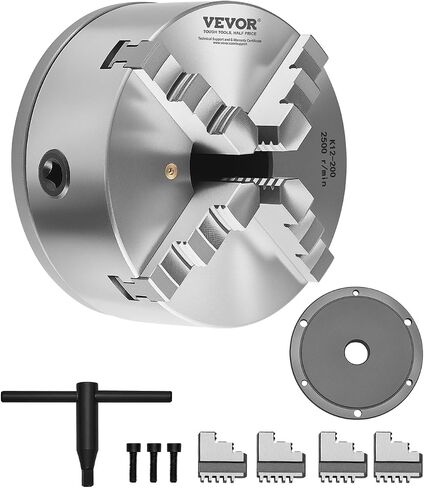 VEVOR 4-Jaw Lathe Chuck, 8 Inch (200 mm), Self-Centering Chuck with 1 1/2 in-8 Threaded Backing Plate, 0.16-7.87 in (4-200 mm) Clamping Range with T-wrench Screws, HT300 Material, for Wood Metal Lathe in Kuwait