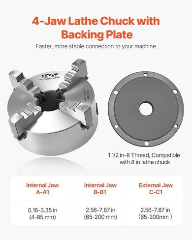 VEVOR 4-Jaw Lathe Chuck, 8 Inch (200 mm), Self-Centering Chuck with 1 1/2 in-8 Threaded Backing Plate, 0.16-7.87 in (4-200 mm) Clamping Range with T-wrench Screws, HT300 Material, for Wood Metal Lathe in Kuwait