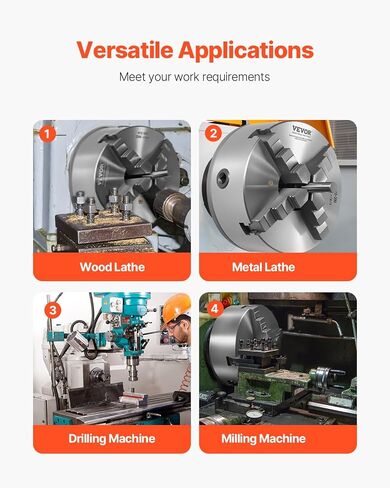 VEVOR 4-Jaw Lathe Chuck, 8 Inch (200 mm), Self-Centering Chuck with 1 1/2 in-8 Threaded Backing Plate, 0.16-7.87 in (4-200 mm) Clamping Range with T-wrench Screws, HT300 Material, for Wood Metal Lathe in Kuwait