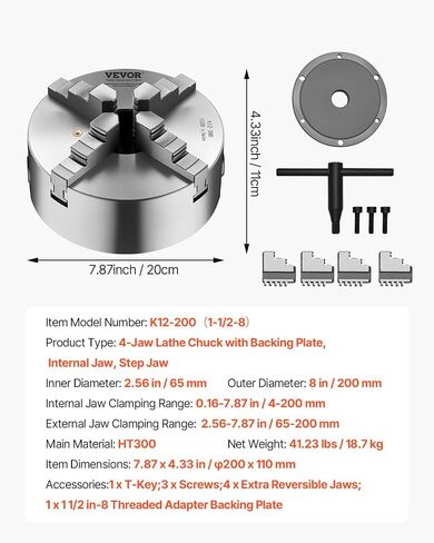 VEVOR 4-Jaw Lathe Chuck, 8 Inch (200 mm), Self-Centering Chuck with 1 1/2 in-8 Threaded Backing Plate, 0.16-7.87 in (4-200 mm) Clamping Range with T-wrench Screws, HT300 Material, for Wood Metal Lathe in Kuwait