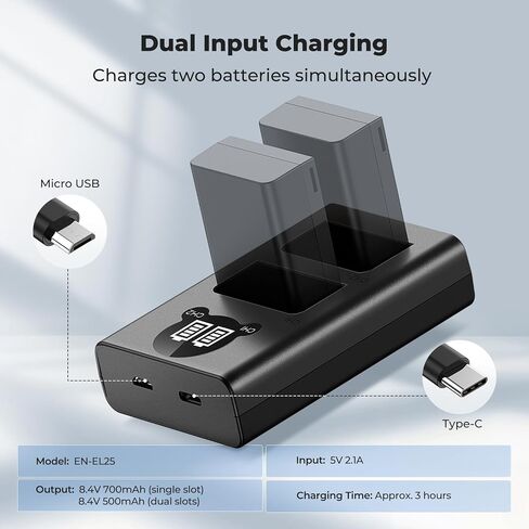 K&F CONCEPT EN-EL25 Dual LCD Battery Charger, Compatible with Nikon Z50ii, Z50, Z30, Z FC Camera MH-32 Battery in Kuwait