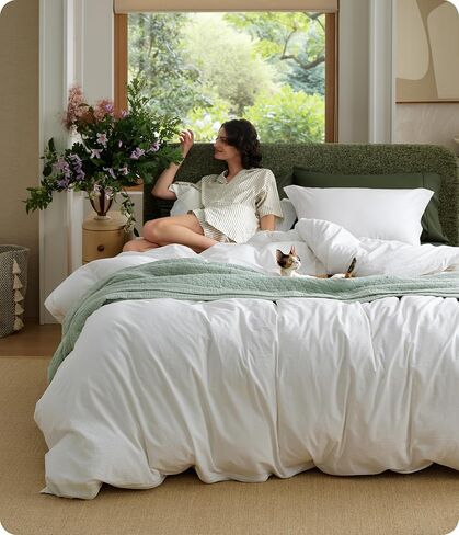 Bedsure PureWoven 100% Washed Cotton Duvet Cover Set, Queen Size, 3-PC | Linen Like Texture, Percale Breathable Bedding Set for All Seasons, Zipper Closure, 8 Corner Ties, Oatmeal, 90" X 90" in Kuwait