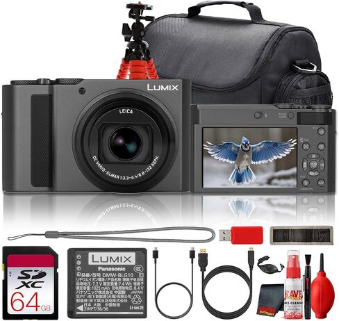 Panasonic LUMIX DC-TX3 / DC-ZS300 Camera with 24-360mm Lens (Silver) Bundle | For Travel & Vlogging | CMOS Sensor | 1-Inch | Digital Camera | 20.1MP + 64GB Memory Card + More in Kuwait