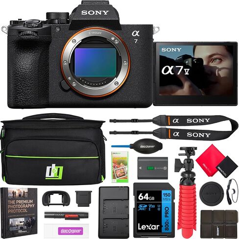 Sony ILCE-7M5/B a7 V Full-Frame Mirrorless Camera Body Bundle with MK320 Flash Speedlight, 72" Monopod, Wrist Grip Strap, 128GB Memory Card, Photography Pro Ebook, Deco Photo Camera Bag + More in Kuwait