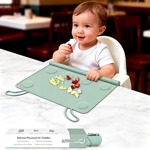 Silicone Placemat for Baby Eating: 3 Second Wipe Clean & 5 Second Roll Up in Diaper Bag - Non-Slip Tabletop Mat for Restaurant/Travel/On-The-Go (Green) in Kuwait