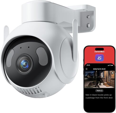 SwitchBot 3K PTZ Outdoor Security Camera, AI Video Search, Scene Alert & Daily Activity Report, 360° Auto Tracking, 5MP, 2.4GHz WiFi, Compatible with Alexa, Google, HA Through RTSP in Kuwait