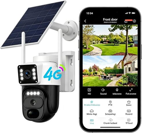HAWKRAY 4G LTE Cellular Security Camera Outdoor,Solar Powered No WiFi Needed,Dual Lens,355° PTZ,Color Night Vision,PIR Motion Detection,Two-Way Talk,No TF Card in Kuwait
