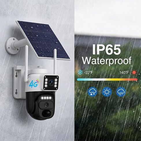 HAWKRAY 4G LTE Cellular Security Camera Outdoor,Solar Powered No WiFi Needed,Dual Lens,355° PTZ,Color Night Vision,PIR Motion Detection,Two-Way Talk,No TF Card in Kuwait