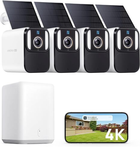 Anona 4K Solar Security Cameras Wireless Outdoor Home SmartBase System, 2 Cam-Kit, Solar Powered, 8MP Color Night Vision, 24/7 AOV Recording, No Monthly Fees, AI Detection, Easy Setup, IP67 in Kuwait