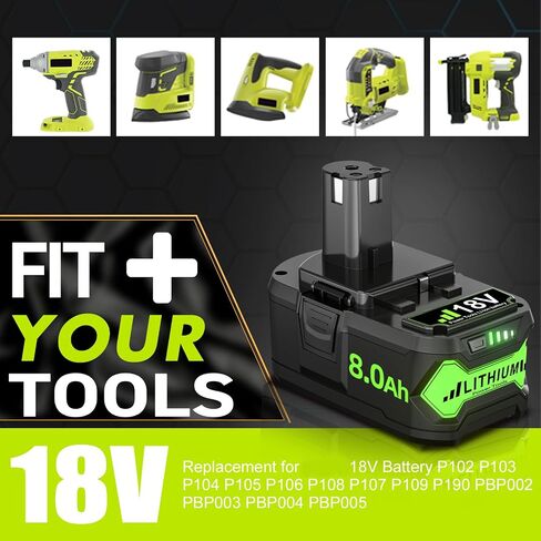 2Pack Upgraded 8.0Ah Replacement for Ryobi 18V Battery Compatible with | 18 Volt Battery ONE+ Plus P102 P103 P104 P105 P106 P108 P107 P109 PBP002 PBP003 PBP004 PBP005 RB18L50 BPL1820 Tools in Kuwait