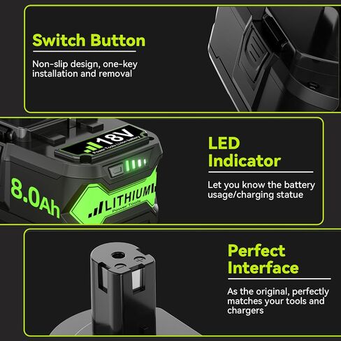 2Pack Upgraded 8.0Ah Replacement for Ryobi 18V Battery Compatible with | 18 Volt Battery ONE+ Plus P102 P103 P104 P105 P106 P108 P107 P109 PBP002 PBP003 PBP004 PBP005 RB18L50 BPL1820 Tools in Kuwait