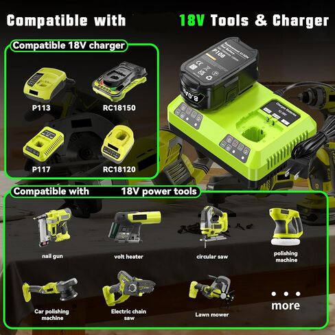 Bonacell 2Packs Upgraded 8.0Ah Replacement for Ryobi 18V Battery and Dual Charger Combo Compatible with 18 Volt Battery ONE Plus P103 P104 P105 P107 P109 P190 P191 P122 in Kuwait