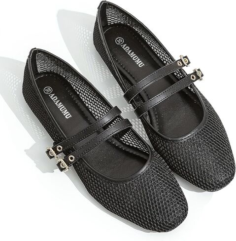 Women's Square Toe Black Mesh Mary Jane Flats, Double Black Strap Dress Shoes with Textured Upper for Casual, Party, Daily & Office Wear, Comfortable & Edgy Footwear in Kuwait