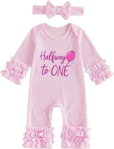 Half Birthday Outfit Baby Girl Halfway to One Balloon Jumpsuit | Waffle Knit Half Birthday Romper Headband, Ruffle Sleeve & Leg, Crotch Snap Closure, Ideal for Cake Smash & Milestone Photos in Kuwait