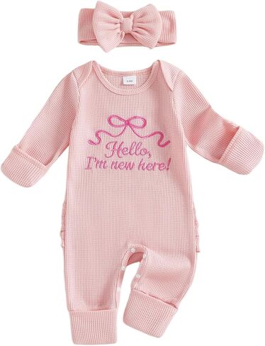 Newborn Baby Girl Clothes Im New Here Bow Embroidered Romper Bodysuit Jumpsuit Coming Home Hospital Fall Outfit in Kuwait