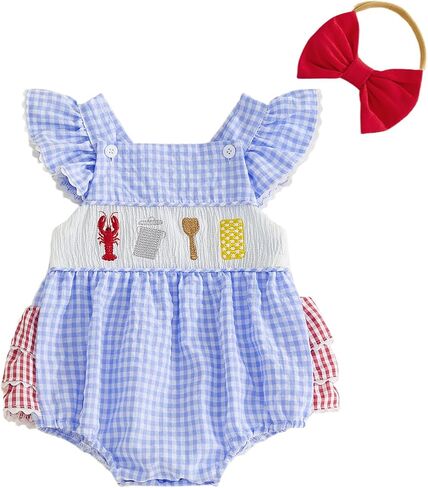 Baby Girl Crawfish Outfit Lobster Embroidery Crawfish Romper Ruffle Sleeveless Plaid Bodysuit Infant Summer Clothes in Kuwait