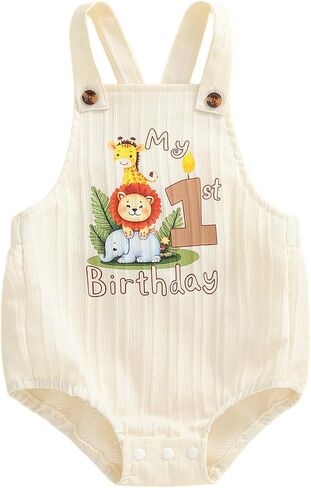 VISGOGO Baby Girl First Birthday Romper Striped Lobster One Embroidered Sleeveless Bodysuit One Year Old Clothes in Kuwait