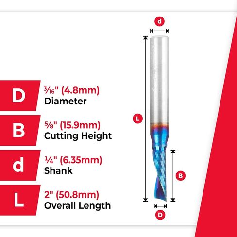 Amana Tool Spektra Coated Solid Carbide CNC Spiral Single O-Flute Router Bit for Plastic Down-Cut, 51517-K, 3/16 D x 5/8 CH x 1/4 SHK x 2 Inch L in Kuwait